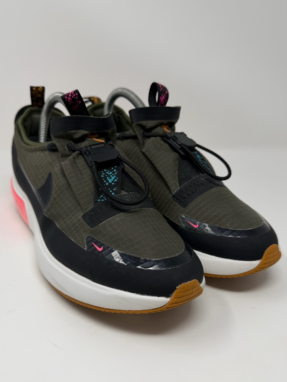 Nike Women’s Olive Green Slip-On Sneakers with Pink and Black Details Sz.9.5